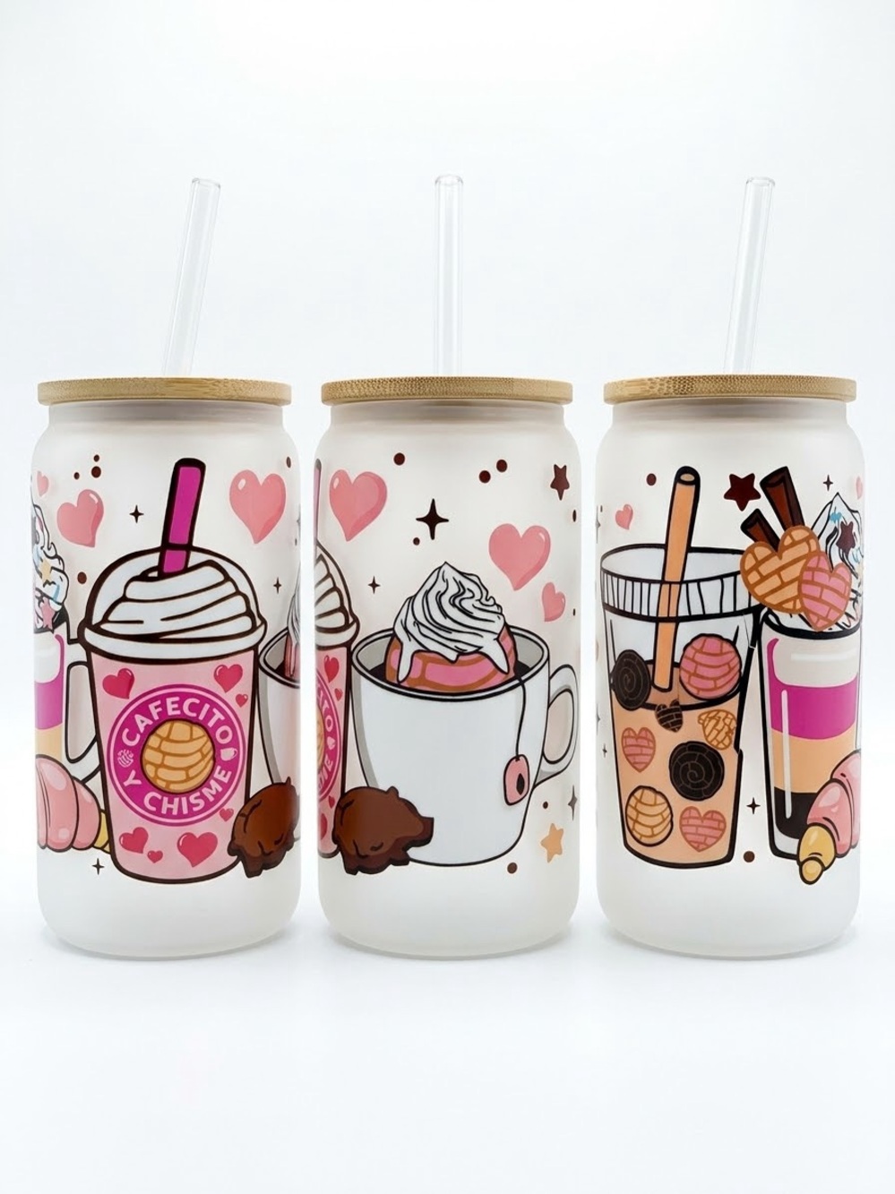 Bamboo Lid Frosted Glass Drink Tumbler with coffee design, NEW!